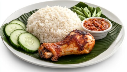 Traditional nasi lemak with grilled chicken, rice, sambal, and vegetables