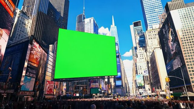 Times Square Green Screen Billboard Mockup:  A captivating perspective of Times Square, NYC, with a blank green screen billboard ready for your message.