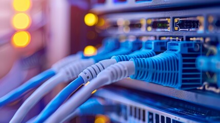 Naklejka premium Image of network cables and server indicators in a data center showing intricate connectivity