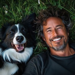 Happy Man Relaxing on Grass with Smiling Dog
