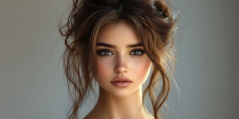 Fototapeta premium Portrait of a Woman with Wavy Brunette Hair