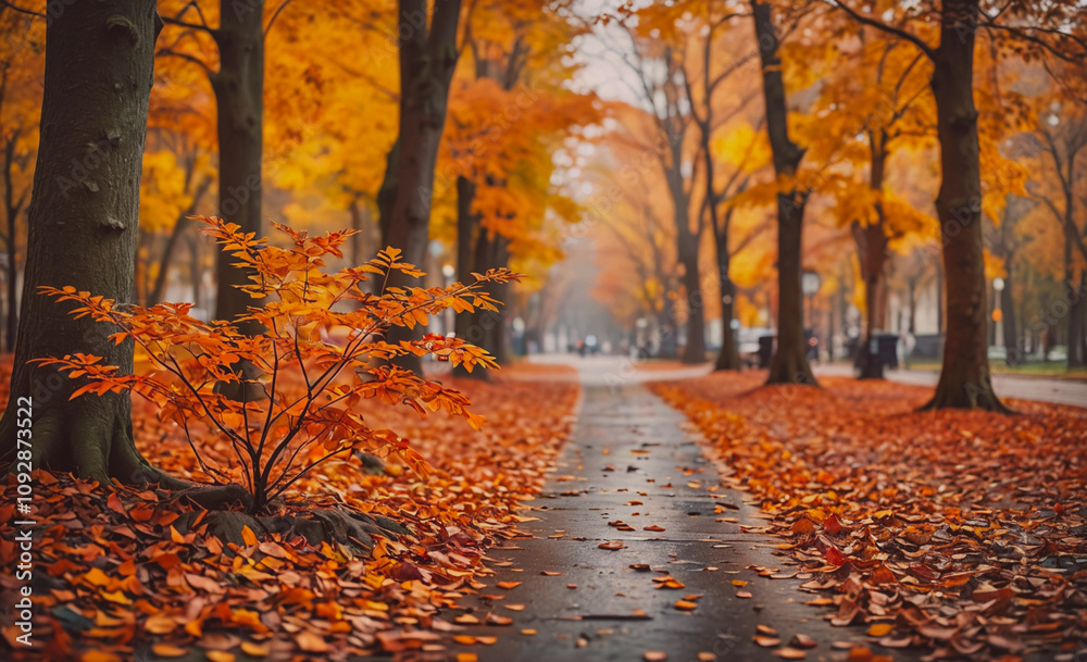 Aufkleber path with leaves on the ground. a tree with leaves on it