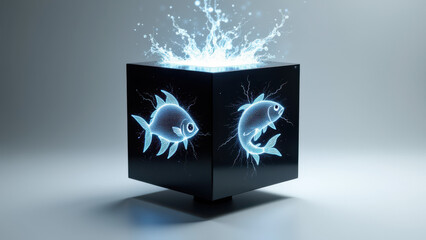 A three-dimensional black cube with two koi fish swimming within it, surrounded by a burst of light and energy that emanates from the top. The background is white, providing a stark contrast.