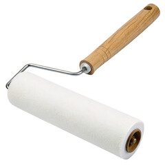 Obraz premium A slightly angled paint roller with a soft white head and ergonomic wooden handle, perfect for professional and DIY projects, set against a transparent background