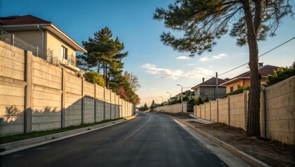 Obraz premium Quiet Residential Road Lined With Cement Walls During Sunset in a Suburban Area. Generative AI