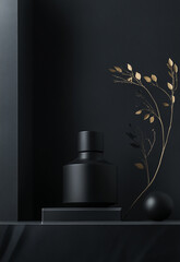 Fototapeta premium Black stone podium for product display a stylish and minimalist product mockup black podium or pedestal on a dark background featuring a cylindrical stand concept 