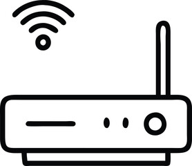 Wireless Internet Router with Antenna Icon, Black-and-white line illustration of a wireless router with a single antenna and signal waves, representing internet connectivity and communication.
