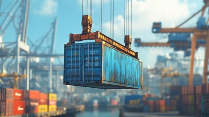 Container being lifting by terminal crane under blue sky