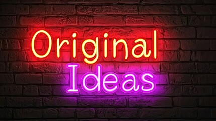 Obraz premium Vibrant neon sign displaying the text 'Original Ideas' on a dark brick wall.