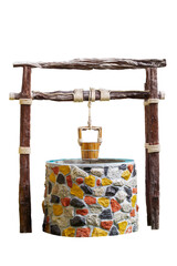 A colorful ancient well with a wooden water bucket hanging from the top isolated on white background included clipping path.