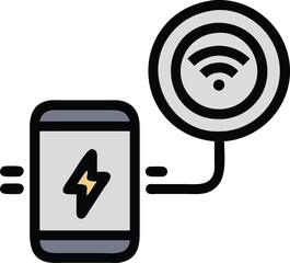 Wireless Charging Icon with Smartphone, Vector illustration of a smartphone connected to a wireless charging station, symbolizing modern technology and convenience.
