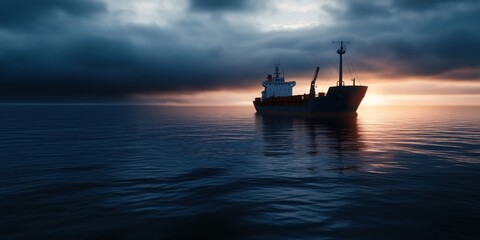 Fototapeta premium This captivating image features a cargo ship silhouetted against a vibrant, dramatic sunset, symbolizing travel, trade, and the vastness of the ocean.