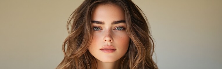 Fototapeta premium Portrait of Woman with Wavy Brunette Hair and Subtle Makeup