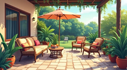 Fototapeta premium Cozy Outdoor Patio With Comfortable Furniture and Potted Plants in a Serene Garden Setting. Generative AI