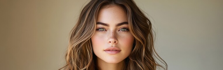 Obraz premium Portrait of Woman with Wavy Brunette Hair and Subtle Makeup