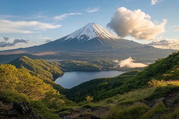 Fototapeta premium Snow-capped Mount Fuji rising majestically over the serene lake at sunrise in Japan