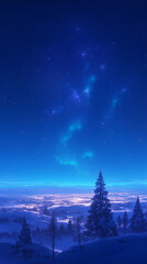 Landscape with pine forest, starry night sky, northern lights, banner copy space, Happy New Year and Merry Christmas