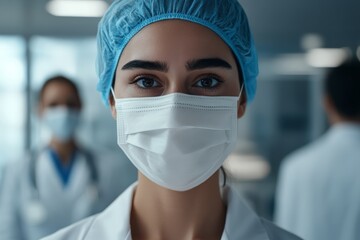 A healthcare worker with a serious expression wears a medical mask and scrubs, symbolizing resilience and commitment in a sterile hospital environment.
