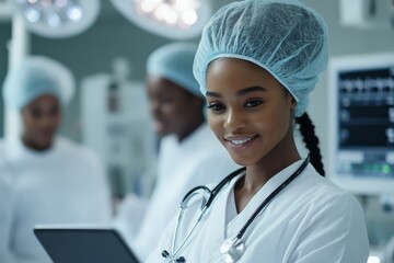 Confident female doctor smiling while holding a tablet; standing in a hospital environment, with colleagues blurred in the background, suggesting teamwork.