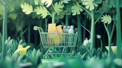 Paper Art-Style Shopping Cart in a Forest Scene. AI generated illustration