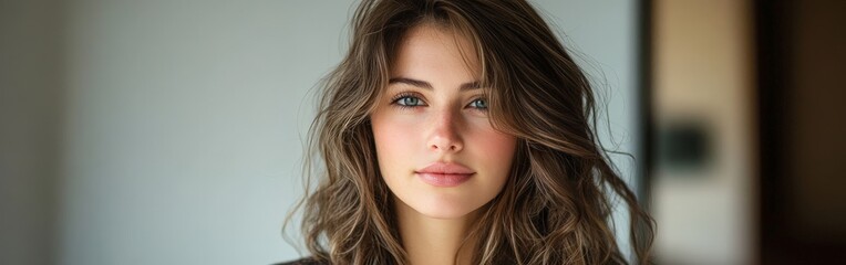 Fototapeta premium Portrait of a Woman with Wavy Brunette Hair