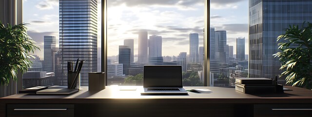 A sleek, modern office with large windows overlooking the city skyline, featuring an open laptop and notepad on a clean desk