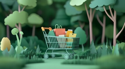 Paper Art-Style Shopping Cart in a Forest Scene. AI generated illustration