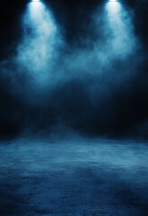 Living room with leather armchair on empty dark blue wall background Purple science technology light glowing particles background 
