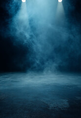 Obraz premium Living room with leather armchair on empty dark blue wall background Purple science technology light glowing particles background 