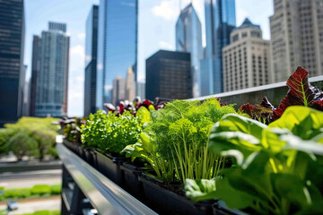 Fototapeta premium Urban growing vegetables in a greenhouse with a panoramic view of city skyscrapers