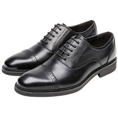 Polished black oxfords with intricate stitching, brogue accents, and a classic cap toe design for modern sophistication, set against a transparent background