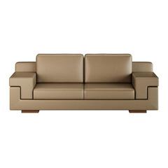 A tan leather couch with a wooden base
