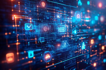 Futuristic digital abstract background showing business icons representing global network connections and fintech
