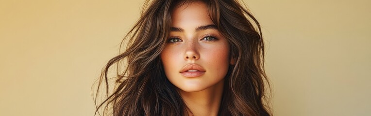 Fototapeta premium Portrait of Woman with Wavy Brunette Hair and Subtle Makeup
