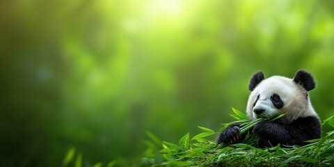 A cute panda is sitting in a lush green environment, happily chewing on bamboo, showcasing its vulnerability and charm amidst the serene nature surrounding it.