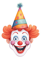 Obraz premium Colorful clown with a party hat smiling cheerfully isolated on transparent background.