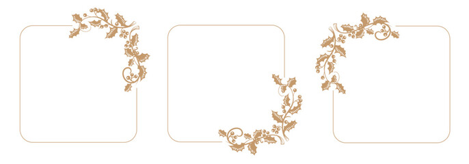Christmas holly botanical frames. Festive Flat illustration border with gold leaves and berries. Golden line square with plant wreath. Vector image.