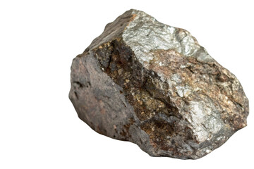 Rough mineral rock with shimmering silver highlights and earthy brown tones. Reflects metallic textures and rugged edges, set against a transparent background
