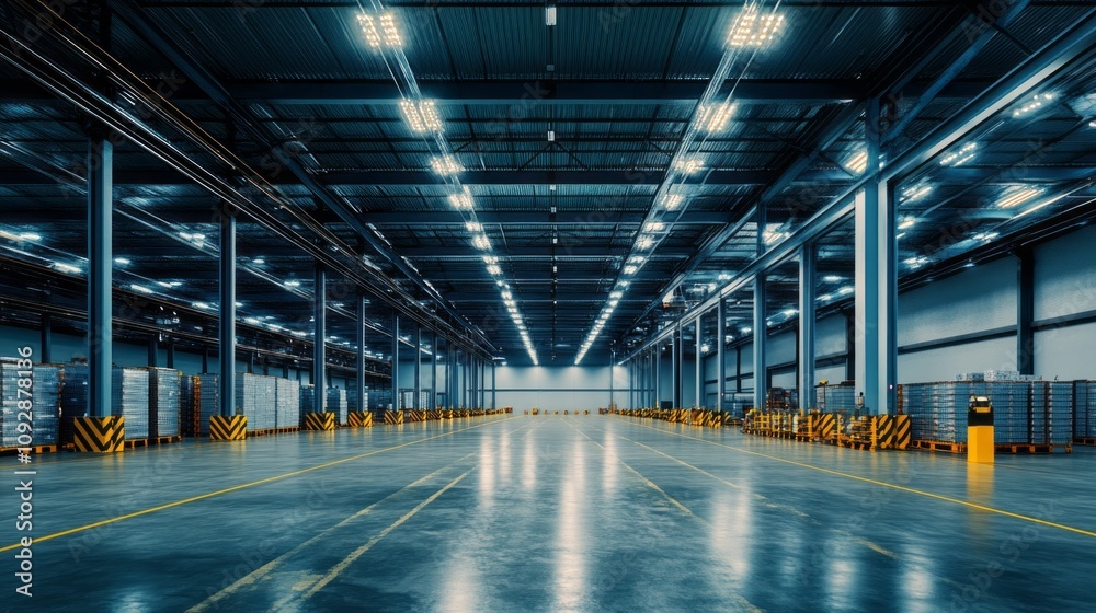 Poster a large warehouse with a lot of empty space and a lot of yellow and black signs