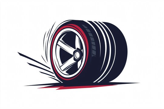 Stylized illustration featuring a car wheel rolling at high speed, leaving speed lines in its wake