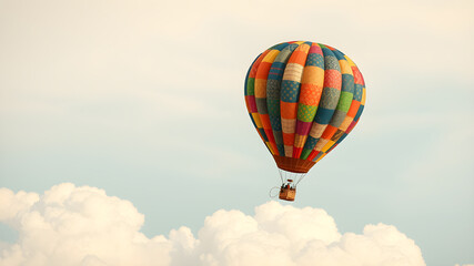 Fototapeta premium A vintage hot air balloon with colorful patchwork patterns flying over abstract clouds illustration, cappadocia Generative AI