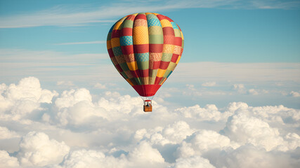 Fototapeta premium A vintage hot air balloon with colorful patchwork patterns flying over abstract clouds illustration, cappadocia Generative AI