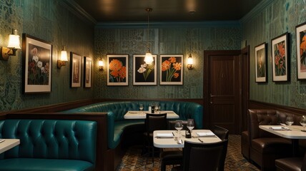 Here's a possible  and keyword list for your stock photo.. Elegant teal dining room booth with floral art.