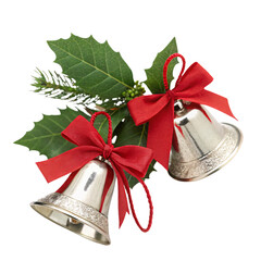 Two silver bells adorned with intricate details, tied together with vibrant red ribbons, surrounded by green holly leaves with spiky edges, set against a transparent background