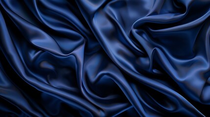 Obraz premium A close-up view of luxurious, flowing dark blue satin fabric, showcasing its smooth texture and elegant draping.
