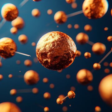 Abstract 3D rendering of interconnected bronze spheres on a dark blue background.
