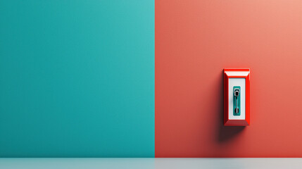 Fire Alarm System Response Concept. A colorful split wall features a red fire alarm on a turquoise background, creating a striking visual contrast.