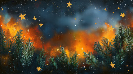 Fototapeta premium Christmas design background for Cgristmas cards, banner, wallpaper, Wood, branches, night sky, forest, stars, northen lights. Fairytale deep blue festive bacdrop, place for text. Gretting card