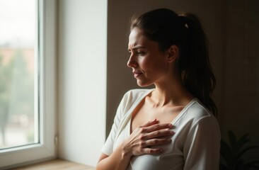 Healthcare concept, A woman has severe heart pain and chest pain suffocating.