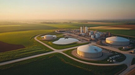 Bioenergy Production Industry Concept, Aerial View of a Bioenergy Facility with Towering Storage Tanks and Surrounding Green Fields Under a Clear Sky at Sunset